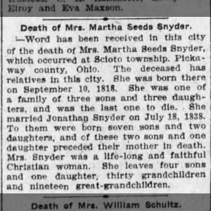 Obituary for Martha Seeds Snyder