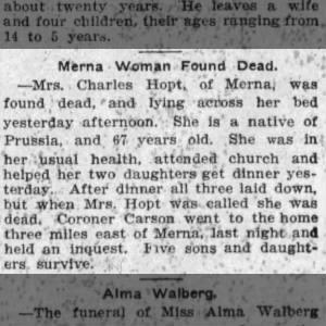 Death of Mrs.Charles (Anna Marie Alfter) Hopt